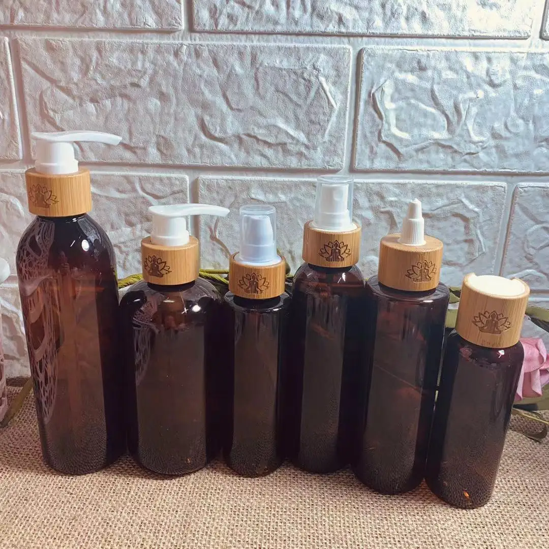 50pcs 120ml amber brown emulsão frasco frasco de loção com bambu emulsão cabeça de bomba de shampoo/lavagem do corpo,Pulverizador de bambu garrafas Imagem 0