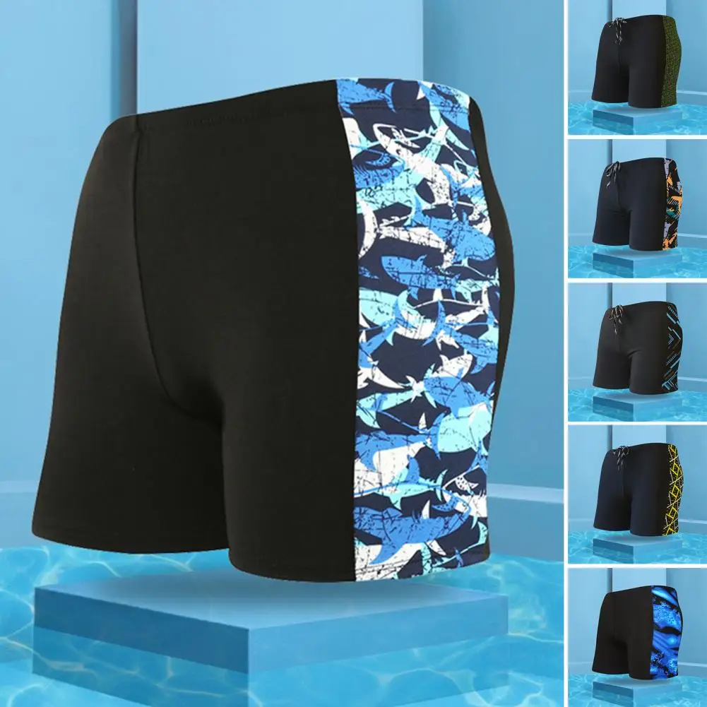 Cordão interno Mid-rise Troncos de Natação Com Forro Simplificada de Elástico na Cintura Homens Tubarão Impressão de Costura, Shorts de Beachwear Imagem 0