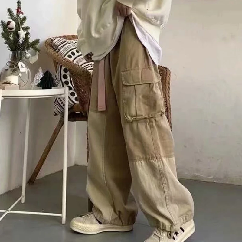 Harajuku Streetwear Hip Hop Cáqui Carga Calças Unisex Oversize Bolsos Japonês De Perna Larga Calças Vintage Solto E Casual Streetwear Imagem 0