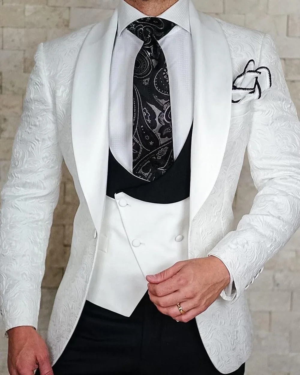 Homens brancos impresso Ternos Clássicos de Design Slim Fit Xale Lapela de Smoking 3-Peças Padrinhos, Vestido Para o Casamento (Blazer+colete+Calça) Imagem 0
