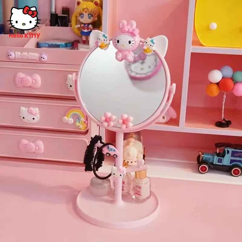 Kawaii Hello Kitty Portátil Cartoon Dobrável Espelho De Mesa Em Espelho Redondo De Mesa Menina Bonito Espelho De Vestir Espelho De Maquilhagem Lidar Com Espelho Imagem 0