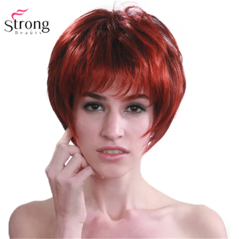 StrongBeauty Vermelho mix Preto Curto Macio em Camadas Trepada Completa Peruca Sintética para Mulheres Imagem 0