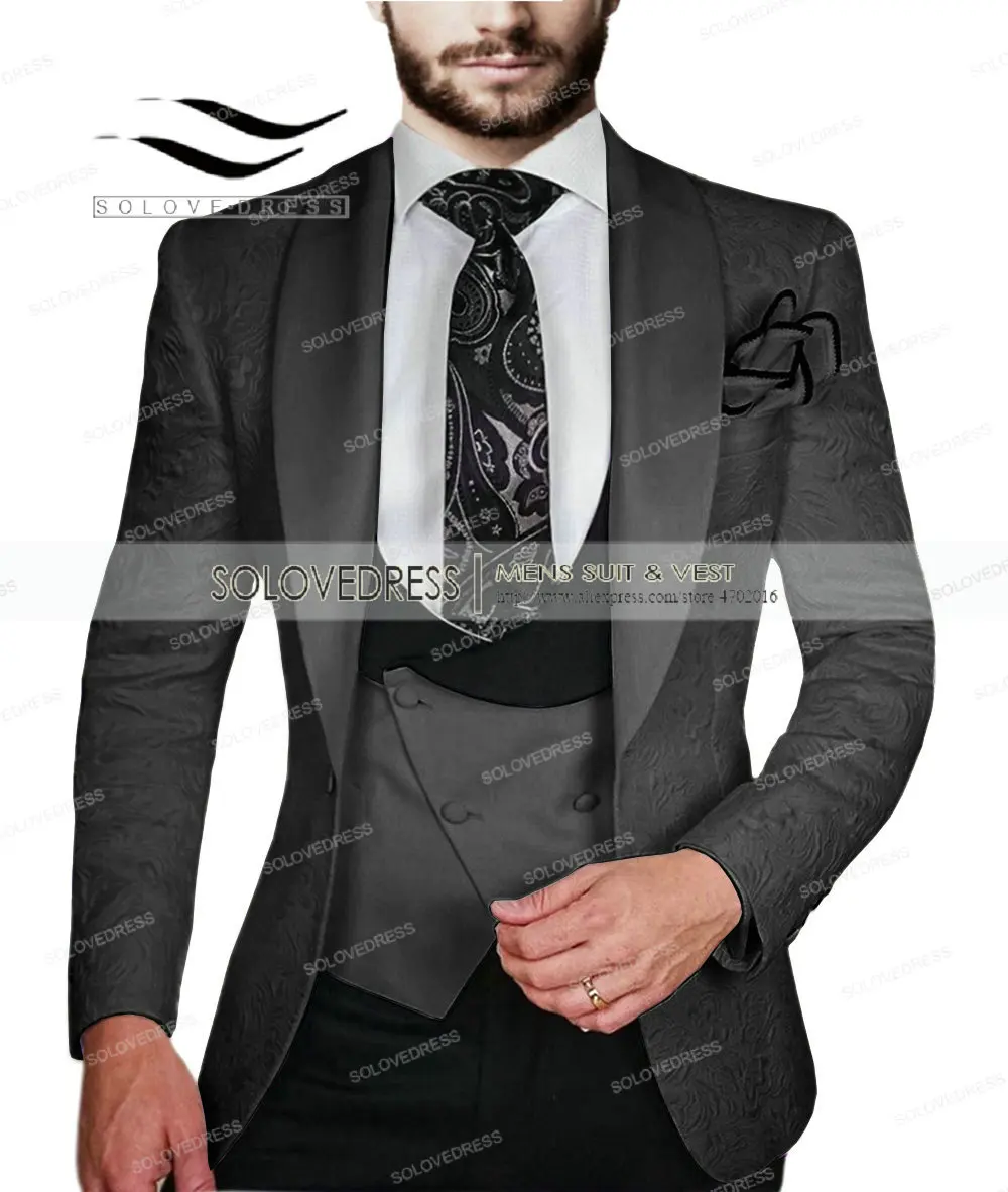 Homens brancos impresso Ternos Clássicos de Design Slim Fit Xale Lapela de Smoking 3-Peças Padrinhos, Vestido Para o Casamento (Blazer+colete+Calça) Imagem 1
