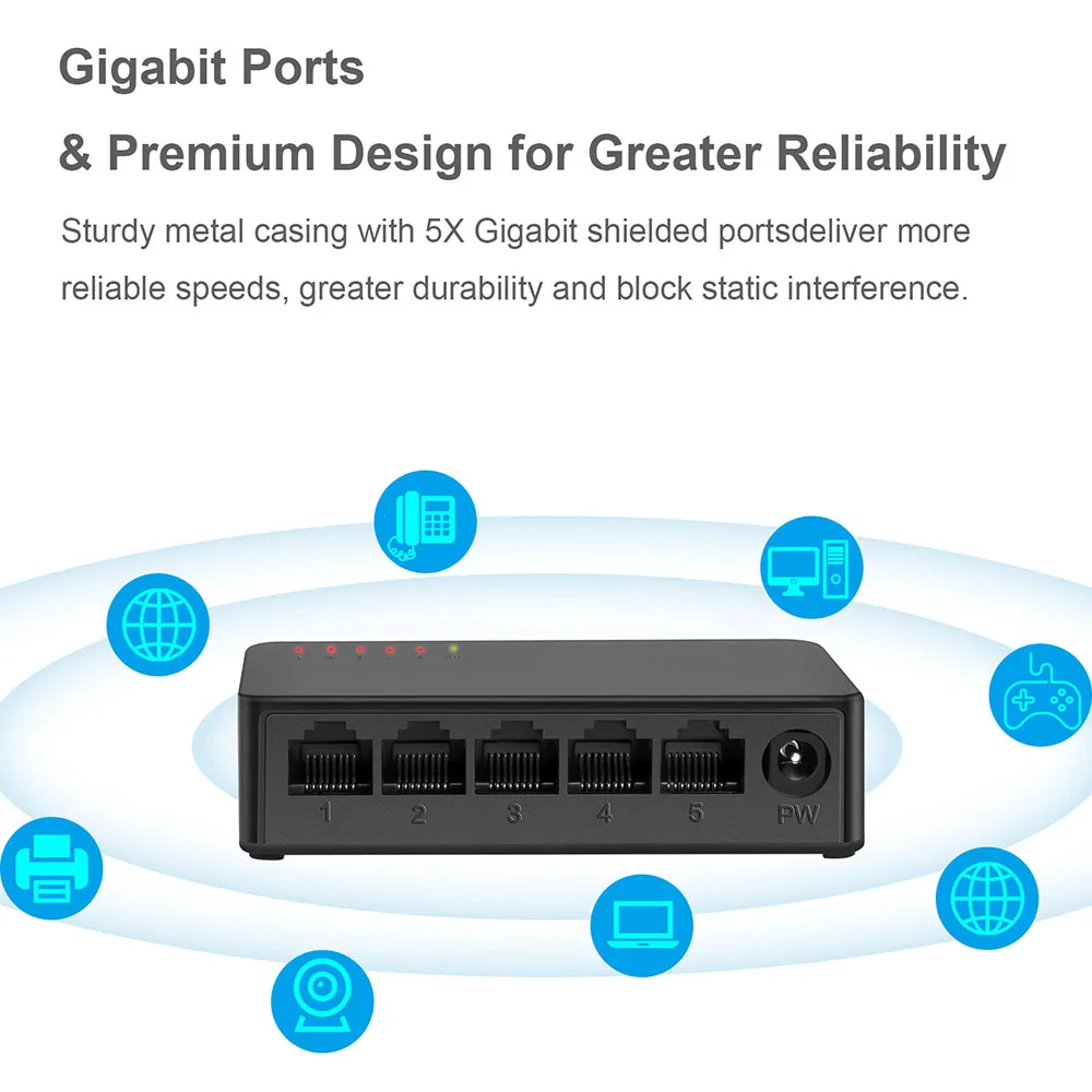Switch de rede 1000Mbps Gigabit Switch 5Ports Ethernet Switch1000Mbps de Alto Desempenho Inteligente Switcher RJ45 do Hub Internet Injector Imagem 2
