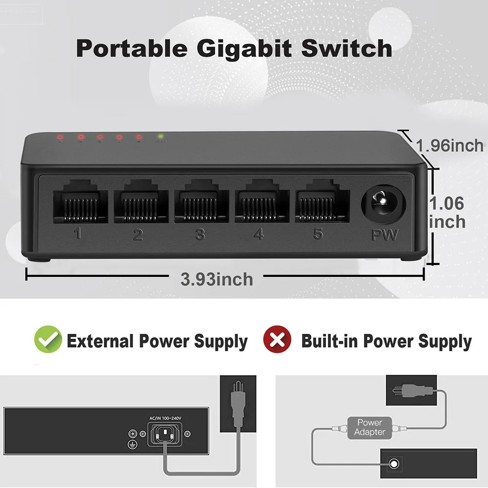 Switch de rede 1000Mbps Gigabit Switch 5Ports Ethernet Switch1000Mbps de Alto Desempenho Inteligente Switcher RJ45 do Hub Internet Injector Imagem 4