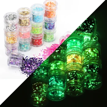 10g /jar que Brilham No Escuro, Robusto Glitter para Unhas, Cridoz 15 Cores de Alto Brilho Luminoso Cosméticos Sombra Solta Brilho Glitter
