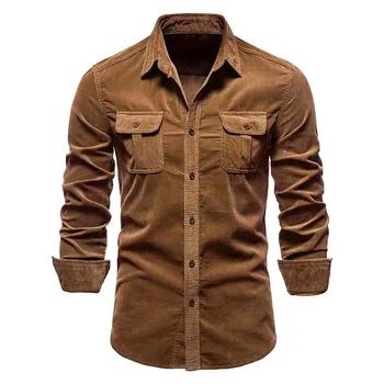 2023 Novo Single Breasted 100% Algodão Camisa de homem de Negócios de Moda Casual Cor Sólida Veludo Homens Camisas de Outono Slim-Shirt dos Homens