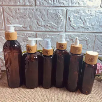 50pcs 120ml amber brown emulsão frasco frasco de loção com bambu emulsão cabeça de bomba de shampoo/lavagem do corpo,Pulverizador de bambu garrafas