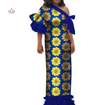 Aniversário de vestido para as mulheres Africanas Tradicionais Roupa Bazin Riche Um Ombro Decote sem Desgaste Ancara Bodycon Vestido longo WY3636