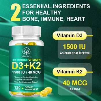 BBEEAAUU 1500IU Vitamina D3K2 Cápsulas para Promover a Absorção de Cálcio Protege os Dentes, Ossos e articulações Fortalecer a Função Cardíaca