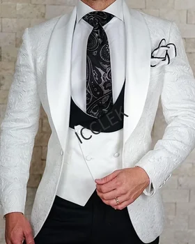 Branco Floral do Casamento Smoking para Noivos Pedaço de 3 Slim Fit Double Breasted Colete Jaqueta com Calças Pretas de Moda Masculina Traje