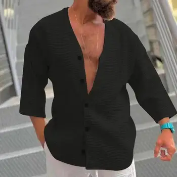 Cor sólida Homens de Camisa masculina Casual Waffle Textura V-pescoço Camisas de Ajuste Solto Único Breasted para o Verão Streetwear Camisa de Homens Tops