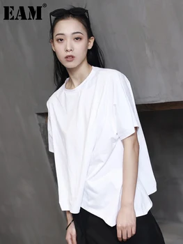 [EAM] as Mulheres de Branco Plissado Assimétrico Casual T-shirt Nova Gola Redonda, Manga Curta Ajuste Solto Moda Primavera Verão 2023 1DF5333