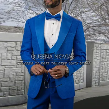 Elegante Banquete Ternos Homens De Cetim Lapela Do Noivo Casamento Smoking Azul Royal Jacquard Blazer+Wasitcoat+Calças Do Traje Homme Mariage
