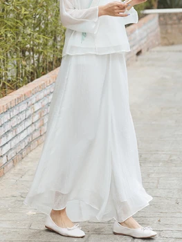 Estilo chinês Zen Chiffon Mulheres de Verão, Largura da Perna de Calça Solta a Cintura Elástica Casual Calças