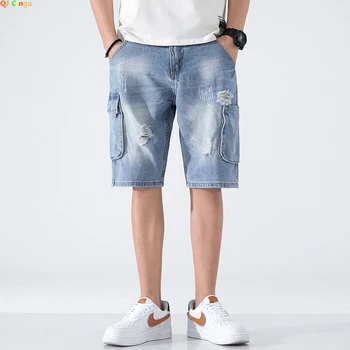 Estilo de trabalho Shorts Jeans Moda masculina Casual Azul Denim Shorts Multi-Furo do bolso Decoração Mais Size28-36 38 40 42