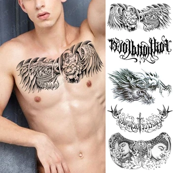 Grande Tatuagem No Peito Para Homens Chineses Besta Leão Dragão Impermeável Da Etiqueta Temporária Tatuagem Cintura De Volta Projetos De Arte Em Mulheres Falsa Tatoo