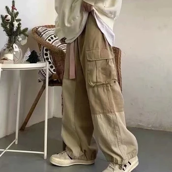 Harajuku Streetwear Hip Hop Cáqui Carga Calças Unisex Oversize Bolsos Japonês De Perna Larga Calças Vintage Solto E Casual Streetwear