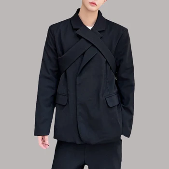Homens Blazer De Cor Sólida Manga Longa Cruz Decote Casual Se Ajustar Streetwear 2023 Coreano Moda Camadas Finas