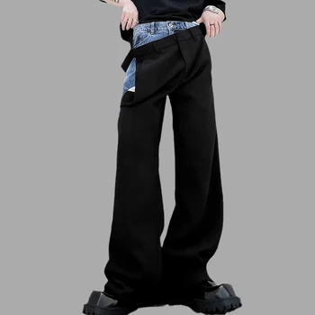 Homens Reta Calças Jeans Com Retalhos De Cintura Elástica De Corredores De Streetwear Botão Masculino Calças Baggy Elegante Casual Calças Compridas