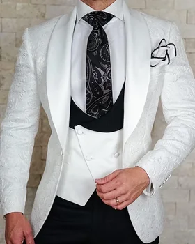 Homens brancos impresso Ternos Clássicos de Design Slim Fit Xale Lapela de Smoking 3-Peças Padrinhos, Vestido Para o Casamento (Blazer+colete+Calça)