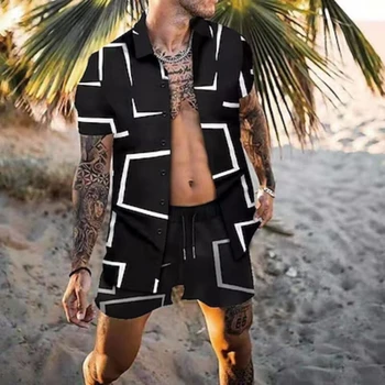 Homens de Verão, Camisa Havaiana conjunto de Camisa de Verão terno preto-e-branco da Marinha geométricas colar de roupas de praia casual