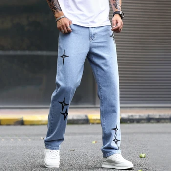 Imprimir Estrelas Calças De Streetwear Folgado Homens Jeans Coreano Moda Solta Macho Reto High Street (Rua) Hip Hop Japão Estilo Masculino Calças