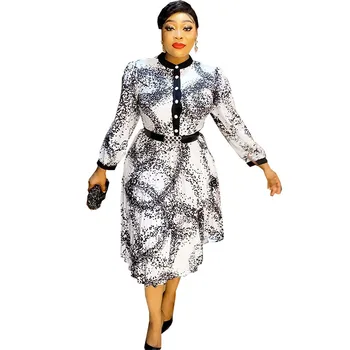 Imprimir elegante Vestido de Uma linha Africana Plissado de Vestidos para Mulheres 2023 Diário Trajes de Cintura Alta de Manga Longa Túnica Femme Africana Roupas