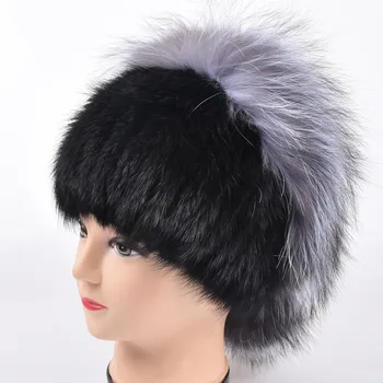 Inverno de chapéus de pêlo, as mulheres reais mink fur chapéu de prata com pele de raposa flor gorro de malha de venda nova high-end mulheres de peles Flores pac