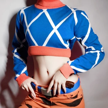 Japão Anime Jojo's Bizarre Adventure Trajes Cosplay Guido Mista Camisola de Moda Sexy Malhas de Lã Tops Coat