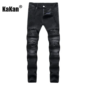 Kakan - Europeu e Americano Novo Preto Plissado Moto Jeans para os Homens, Pequena Reta de Ajuste dos Homens Usados Longos Jeans K21-1209