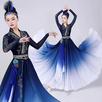 Kostum Tari Mongólia Biru untuk Wanita Pakaian Tradisional Gaun Antik Gaya Nacional de 540 Kinerja Panggung Sudut Ayun