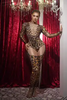 Leopard Macacões Mulheres Executar Vegas Show De Gogo Dancer Cosplay Fantasia De Drag Queen Roupa Trecho Spandex Sexy Cantora Fase De Desgaste