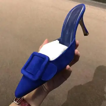 Moda De Rua Quadrado Fivelas Mulas De Luxo Designer De Sapatos De Salto Alto Apontado Toe Bombas De Senhoras Azul Vermelho Scarpin De Noiva, Sapatos Slingback