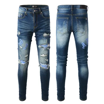 Namorado de Alta Qualidade Streetwear Y2K Ripped Jeans Calça Azul Angustiado Trecho Slim Fit Danificado Buracos Bandana Jeans Skinny
