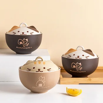 O Estilo Japonês De Louça Bonito Gato Vasilha De Cerâmica De Grande Capacidade Sopeira Pessoal Soup Bowl Estudante De Macarrão Instantâneo Tigela Com Tampa