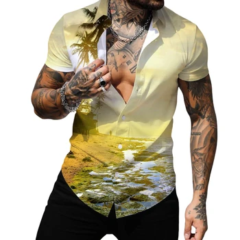 Os Homens Verão Havaiano Camisas Tropical De Manga Curta Espalhar Colar De Botão Para Baixo De Camisas De Praia