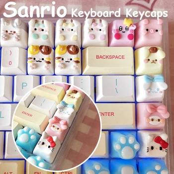 Sanrio Kawaii Cinnamoroll Hello Kitty Kuromi Keycaps Estilo De Banda Desenhada Feito A Mão Argila Mole Keycaps Original Bonito Teclado Acessórios
