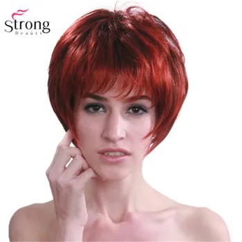 StrongBeauty Vermelho mix Preto Curto Macio em Camadas Trepada Completa Peruca Sintética para Mulheres