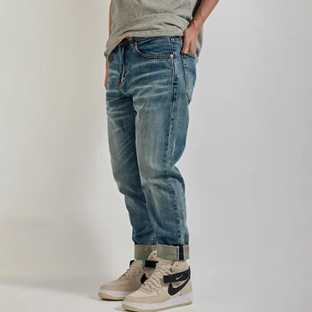 Tapered Jeans Roupas para Homens de Jeans, Calças Retro-Pesado Solta Reto Clássico Lavado Exterior Calças Casuais