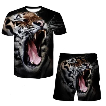 Tendência Tigre, Leão, Animal Padrão de Impressão 3D Homens do Ó-T-shirt com Decote Definir Moda Verão T-Shirt Curta 2 peças de Conjunto de Homem Roupa de Treino