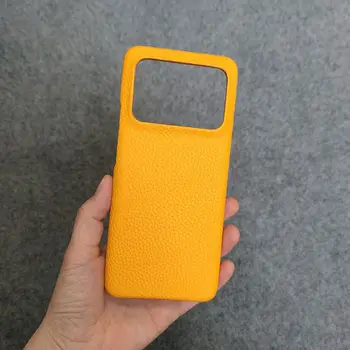 Para Xiaomi Mi 11Ultra case luxo COURO de Vaca material feito à mão, capa Dura amarelo